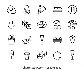   A simple set of fast food icons related to the vector line. Contains icons such as pizza, burger, sushi, bike, scrambled eggs and more. EDITABLE stroke. 480x480 pixels perfect, EPS 10.