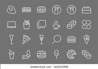 A simple set of fast food icons related to the vector line. Contains icons such as pizza, burger, sushi, bike, eggs and more. EDITABLE stroke. 480x480 pixels perfect, EPS 10.