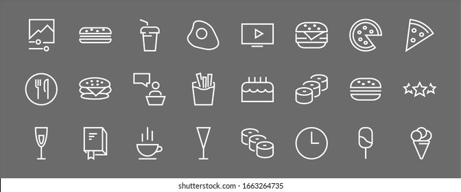   A simple set of fast food icons related to the vector line. Contains icons such as pizza, burger, sushi, bike, scrambled eggs and more. EDITABLE stroke. 480x480 pixels perfect, EPS 10.