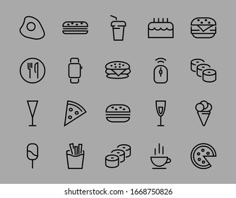   A simple set of fast food icons related to the vector line. Contains icons such as pizza, burger, sushi, bike, scrambled eggs and more. EDITABLE stroke. 480x480 pixels perfect, EPS 10.