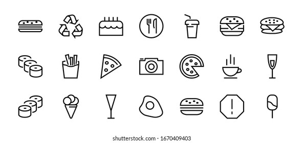   A simple set of fast food icons related to the vector line. Contains icons such as pizza, burger, sushi, bike, scrambled eggs and more. EDITABLE stroke. 480x480 pixels perfect, EPS 10.