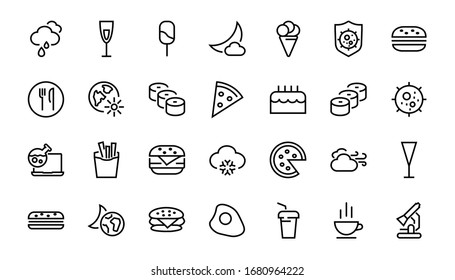   A simple set of fast food icons related to the vector line. Contains icons such as pizza, burger, sushi, bike, scrambled eggs and more. EDITABLE stroke. 480x480 pixels perfect, EPS 10.