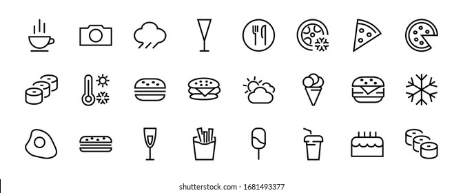 A simple set of fast food icons related to the vector line. Contains icons such as pizza, burger, sushi, bike, scrambled eggs and more. EDITABLE stroke. 480x480 pixels perfect, EPS 10.