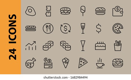   A simple set of fast food icons related to the vector line. Contains icons such as pizza, burger, sushi, bike, scrambled eggs and more. EDITABLE stroke. 480x480 pixels perfect, EPS 10.