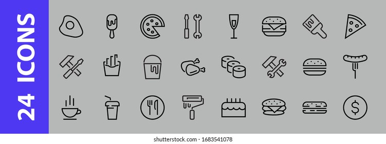 A simple set of fast food icons related to the vector line. Contains icons such as pizza, burger, sushi, bike, scrambled eggs and more. EDITABLE stroke. 480x480 pixels perfect, EPS 10.