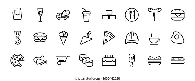   A simple set of fast food icons related to the vector line. Contains icons such as pizza, burger, sushi, bike, scrambled eggs and more. EDITABLE stroke. 480x480 pixels perfect, EPS 10.
