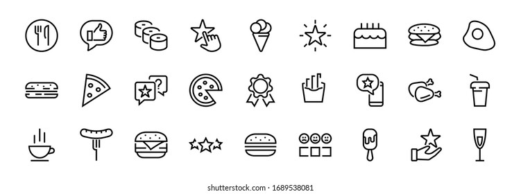   A simple set of fast food icons related to the vector line. Contains icons such as pizza, burger, sushi, bike, scrambled eggs and more. EDITABLE stroke. 480x480 pixels perfect, EPS 10.