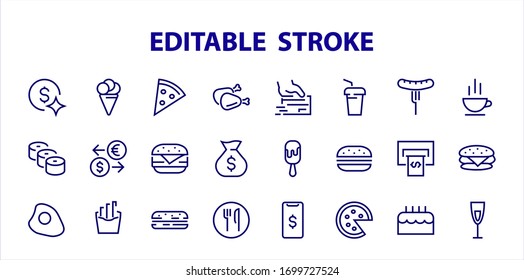   A simple set of fast food icons related to the vector line. Contains icons such as pizza, burger, sushi, bike, scrambled eggs and more. EDITABLE stroke. 480x480 pixels perfect, EPS 10.