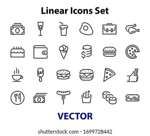   A simple set of fast food icons related to the vector line. Contains icons such as pizza, burger, sushi, bike, scrambled eggs and more. EDITABLE stroke. 480x480 pixels perfect, EPS 10.