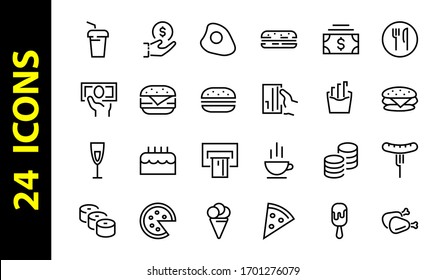   A simple set of fast food icons related to the vector line. Contains icons such as pizza, burger, sushi, bike, scrambled eggs and more. EDITABLE stroke. 480x480 pixels perfect, EPS 10.
