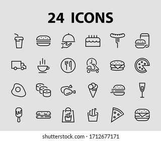 A simple set of fast food icons related to the vector line. Contains icons such as pizza, burger, sushi, bike, scrambled eggs and more. EDITABLE stroke. 480x480 pixels perfect, EPS 10.