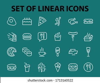 A simple set of fast food icons related to the vector line. Contains icons such as pizza, burger, sushi, bike, scrambled eggs and more. EDITABLE stroke. 480x480 pixels perfect, EPS 10.