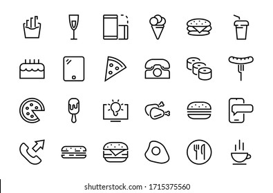 A simple set of fast food icons related to the vector line. Contains icons such as pizza, burger, sushi, bike, scrambled eggs and more. EDITABLE stroke. 480x480 pixels perfect, EPS 10.