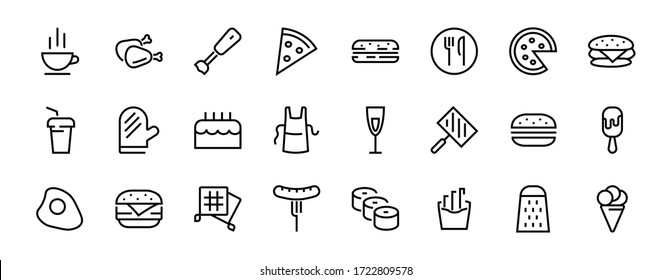 A simple set of fast food icons related to the vector line. Contains icons such as pizza, burger, sushi, bike, scrambled eggs and more. EDITABLE stroke. 480x480 pixels perfect, EPS 10.