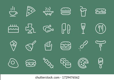 A simple set of fast food icons related to the vector line. Contains icons such as pizza, burger, sushi, bike, scrambled eggs and more. EDITABLE stroke. 480x480 pixels perfect, EPS 10.