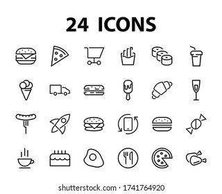 A simple set of fast food icons related to the vector line. Contains icons such as pizza, burger, sushi, bike, scrambled eggs and more. EDITABLE stroke. 480x480 pixels perfect, EPS 10.
