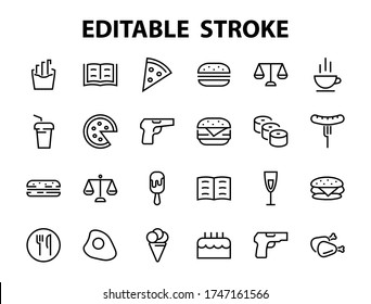 A simple set of fast food icons related to the vector line. Contains icons such as pizza, burger, sushi, bike, scrambled eggs and more. EDITABLE stroke. 480x480 pixels perfect, EPS 10.