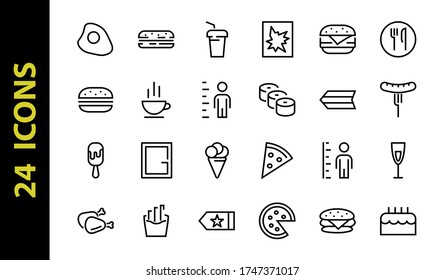 A simple set of fast food icons related to the vector line. Contains icons such as pizza, burger, sushi, bike, scrambled eggs and more. EDITABLE stroke. 480x480 pixels perfect, EPS 10.