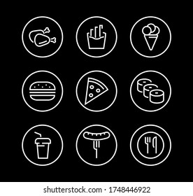 A simple set of fast food icons related to the vector line. Contains icons such as pizza, burger, sushi, bike, scrambled eggs and more. EDITABLE stroke. 480x480 pixels perfect, EPS 10.