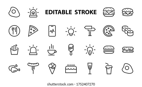 A simple set of fast food icons related to the vector line. Contains icons such as pizza, burger, sushi, bike, scrambled eggs and more. EDITABLE stroke. 480x480 pixels perfect, EPS 10.