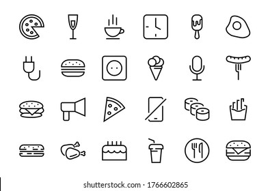 A simple set of fast food icons related to the vector line. Contains icons such as pizza, burger, sushi, bike, scrambled eggs and more. EDITABLE stroke. 480x480 pixels perfect, EPS 10.