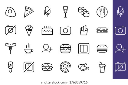 A simple set of fast food icons related to the vector line. Contains icons such as pizza, burger, sushi, bike, scrambled eggs and more. EDITABLE stroke. 480x480 pixels perfect, EPS 10.