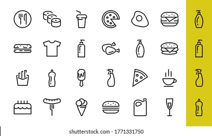 A simple set of fast food icons related to the vector line. Contains icons such as pizza, burger, sushi, bike, scrambled eggs and more. EDITABLE stroke. 480x480 pixels perfect, EPS 10.