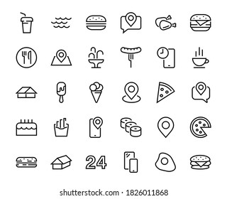 A simple set of fast food icons related to the vector line. Contains icons such as pizza, burger, sushi, bike, scrambled eggs and more. EDITABLE stroke. 480x480 pixels perfect, EPS 10.