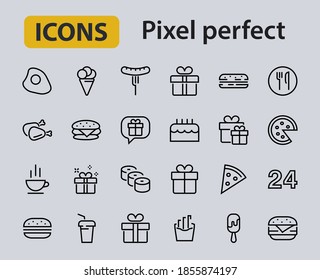 A simple set of fast food icons related to the vector line. Contains icons such as pizza, burger, sushi, bike, scrambled eggs and more. EDITABLE stroke. 480x480 pixels perfect, EPS 10.