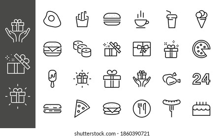 A simple set of fast food icons related to the vector line. Contains icons such as pizza, burger, sushi, bike, scrambled eggs and more. EDITABLE stroke. 480x480 pixels perfect, EPS 10.