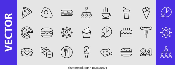 A simple set of fast food icons related to the vector line. Contains icons such as pizza, burger, sushi, bike, scrambled eggs and more. EDITABLE stroke. 480x480 pixels perfect, EPS 10.