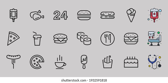 A simple set of fast food icons related to the vector line. Contains icons such as pizza, burger, sushi, bike, scrambled eggs and more. EDITABLE stroke. 480x480 pixels perfect, EPS 10.