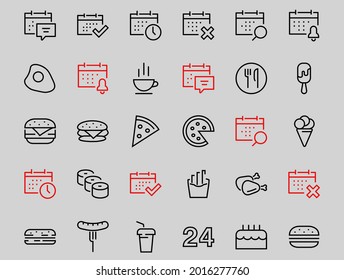 A simple set of fast food icons related to the vector line. Contains icons such as pizza, burger, sushi, bike, scrambled eggs and more. EDITABLE stroke. 480x480 pixels perfect, EPS 10.