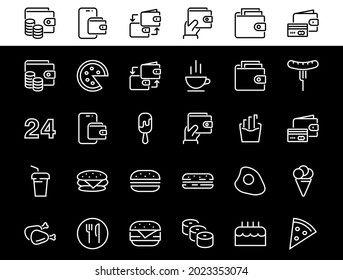 A simple set of fast food icons related to the vector line. Contains icons such as pizza, burger, sushi, bike, scrambled eggs and more. EDITABLE stroke. 480x480 pixels perfect, EPS 10.