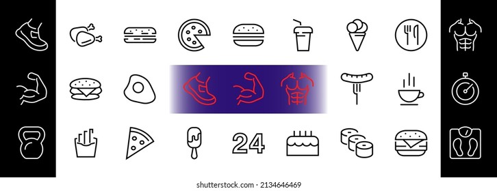 A simple set of fast food icons related to the vector line. Contains icons such as pizza, burger, sushi, bike, scrambled eggs and more. EDITABLE stroke. 480x480 pixels perfect, EPS 10.