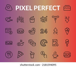 A simple set of fast food icons related to the vector line. Contains icons such as pizza, burger, sushi, bike, scrambled eggs and more. EDITABLE stroke. 480x480 pixels perfect, EPS 10.