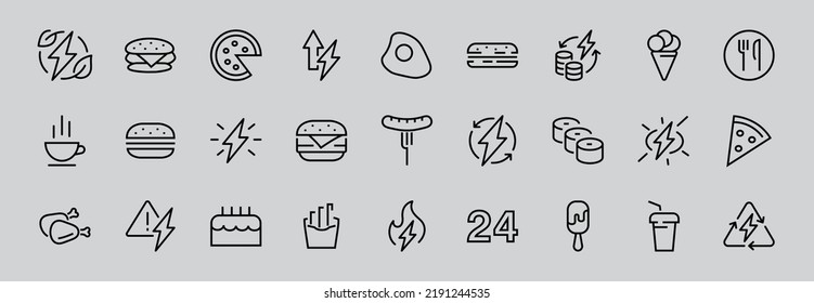 A simple set of fast food icons related to the vector line. Contains icons such as pizza, burger, sushi, bike, scrambled eggs and more. EDITABLE stroke. 480x480 pixels perfect, EPS 10.