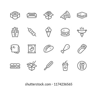 Simple Set of Fast Food Related Vector Line Icons. Contains such Icons as Pizza, Tacos, Chips and more. Editable Stroke. 48x48 Pixel Perfect.