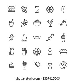 Simple Set of Fast Food Related Vector Line Icons. Contains such Icons as Pizza,  sandwich, snack, bread, burger, Tacos, Chips and more.