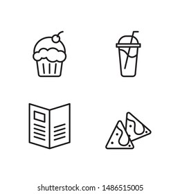 Simple Set of fast food Related Vector Line Icons. Contains such Icons as muffin, milkshake, menu, nachos.