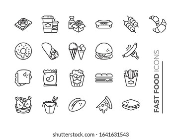 Simple Set of Fast Food Related Vector Line Icons. Contains such Icons as Pizza, Tacos, Chips and more.