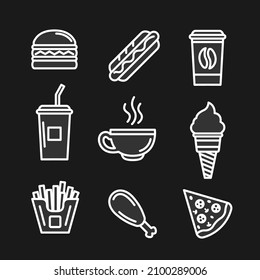 Simple set of fast food. Related vector line icons. Contains icons such as pizza, hot dog, fries, hamburger, cola, ice cream, chicken leg, coffee, tea mug.