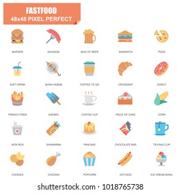 Simple Set of Fastfood Related Vector Flat Icons. Contains such Icons as Burger, Sausage, Sandwich, Pizza, French Fries, Hot-dog and more. Editable Stroke. 48x48 Pixel Perfect.