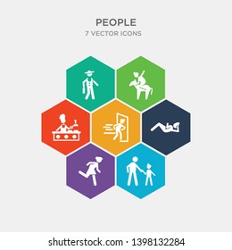 simple set of father and son, girl running, iying down, man going fast and with force against a door icons, contains such as icons chef cooking, man riding a horse, elegant man with suitcase and