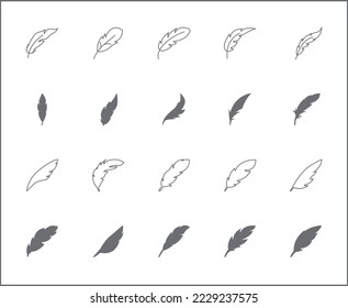 Simple Set of feather Related Vector Line Icons.
Vector collection of wing, pen, quill, floating, arrow and design elements symbols or logo elements in thin outline.