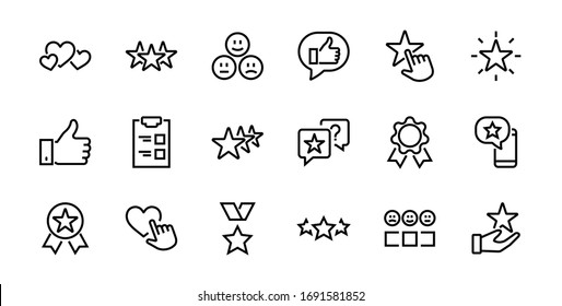 Simple Set Feedback, reviews thin line icons. Evaluation, review, STAR, LIKE and much more, Editable stroke. Vector illustration.