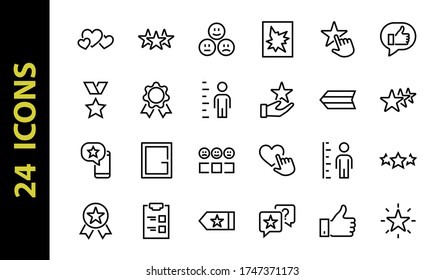 Simple Set Feedback, revisa los iconos de la línea delgada. Evaluación, revisión, STAR, LIKE y mucho más, trazo editable. Ilustración vectorial.