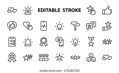 Simple Set Feedback, reviews thin line icons. Evaluation, review, STAR, LIKE and much more, Editable stroke. Vector illustration.