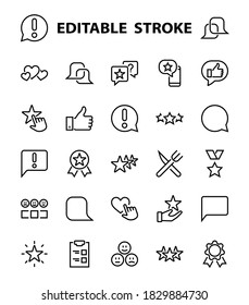 Simple Set Feedback, reviews thin line icons. Evaluation, review, STAR, LIKE and much more, Editable stroke. Vector illustration.