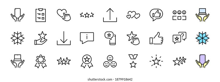 Simple Set Feedback, reviews thin line icons. Evaluation, review, STAR, LIKE and much more, Editable stroke. Vector illustration.